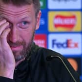 Chelsea’s English head coach Graham Potter gestures as he attends a press conference at Stamford Bridge in London (Photo by GLYN KIRK/AFP via Getty Images)