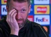 Chelsea’s English head coach Graham Potter gestures as he attends a press conference at Stamford Bridge in London (Photo by GLYN KIRK/AFP via Getty Images)