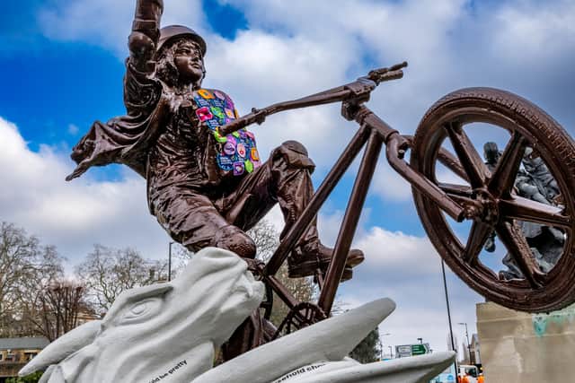 The 'Georgina and the Dragon’ model shows a powerful young girl rearing on a BMX bike as she triumphantly slays the dragon, which symbolises several stereotypes females still face today.