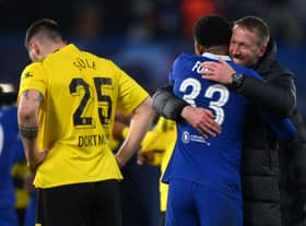 Wesley Fofana embraces Graham Potter, Manager of Chelsea, after the UEFA Champions League  (Photo by Justin Setterfield/Getty Images)