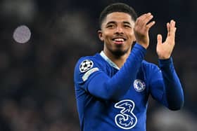 Chelsea’s French defender Wesley Fofana applauds the fans following during the UEFA Champions League round of 16 (Photo by GLYN KIRK/IKIMAGES/AFP via Getty Images)