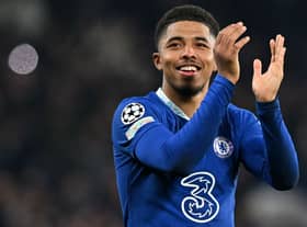 Chelsea’s French defender Wesley Fofana applauds the fans following during the UEFA Champions League round of 16 (Photo by GLYN KIRK/IKIMAGES/AFP via Getty Images)
