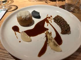 Tree nut roast with a chestnut and coffee sauce, smoked banana, cashews and a touch of pear. 