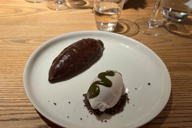 Cacao mousse was served with coconut cream and pistachio ice cream.