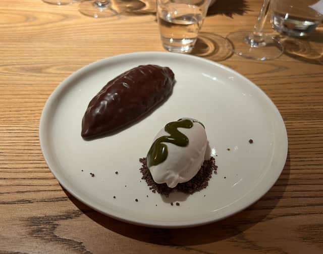 Cacao mousse was served with coconut cream and pistachio ice cream.