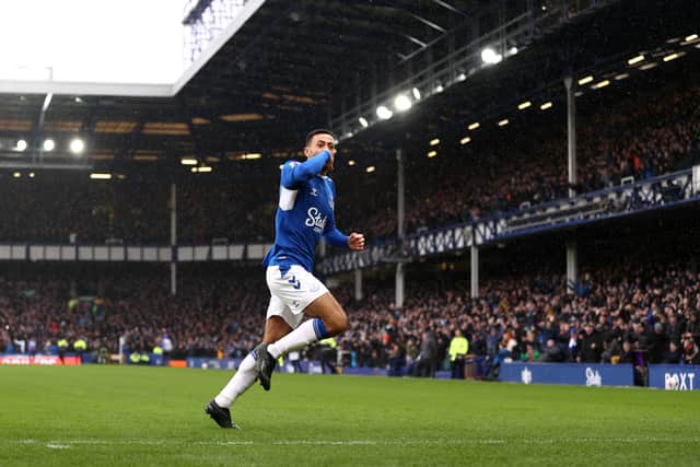 Dwight McNeil of Everton celebrates scoring at Goodison Park. (Photo by Naomi Baker/Getty Images)
