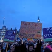 Hundred gathered in Parliament Square to protest the Illegal Immigration Bill. Credit: Lynn Rusk