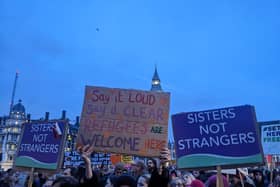 Hundred gathered in Parliament Square to protest the Illegal Immigration Bill. Credit: Lynn Rusk