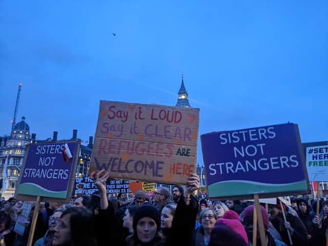 Hundred gathered in Parliament Square to protest the Illegal Immigration Bill. Credit: Lynn Rusk