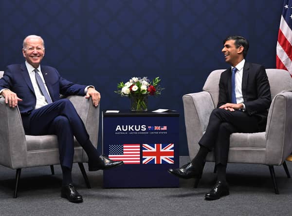 US President Joe Biden and British Prime Minister Rishi Sunak participate in a bilateral meeting during the AUKUS summit on March 13, 2023 in San Diego, California. President Biden hosts British Prime Minister Rishi Sunak and Australian Prime Minister Anthony Albanese in San Diego for an AUKUS meeting to discuss the procurement of nuclear-powered submarines under a pact between the three nations. (Photo by Leon Neal/Getty Images)