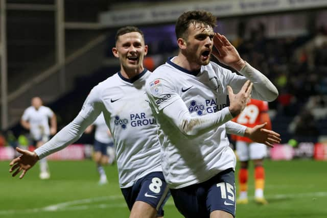 Troy Parrott of Preston North End celebrates after scoring their sides first goal from the penalty . (Photo by Clive Brunskill/Getty Images)