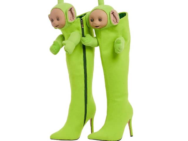 Christian Cowan's latest footwear are a homage to Dipsy -  the bright green character from the 90s children's show.