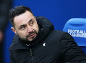  Roberto De Zerbi, Manager of Brighton & Hove Albion, looks on prior to the Premier League match (Photo by Steve Bardens/Getty Images)
