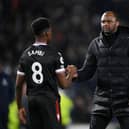 Albert Sambi Lokonga shakes hands with Patrick Vieira, Manager of Crystal Palace, after the Premier League match  (Photo by Justin Setterfield/Getty Images)