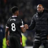 Albert Sambi Lokonga shakes hands with Patrick Vieira, Manager of Crystal Palace, after the Premier League match  (Photo by Justin Setterfield/Getty Images)