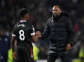 Albert Sambi Lokonga shakes hands with Patrick Vieira, Manager of Crystal Palace, after the Premier League match  (Photo by Justin Setterfield/Getty Images)