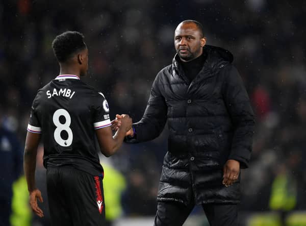 Albert Sambi Lokonga shakes hands with Patrick Vieira, Manager of Crystal Palace, after the Premier League match  (Photo by Justin Setterfield/Getty Images)