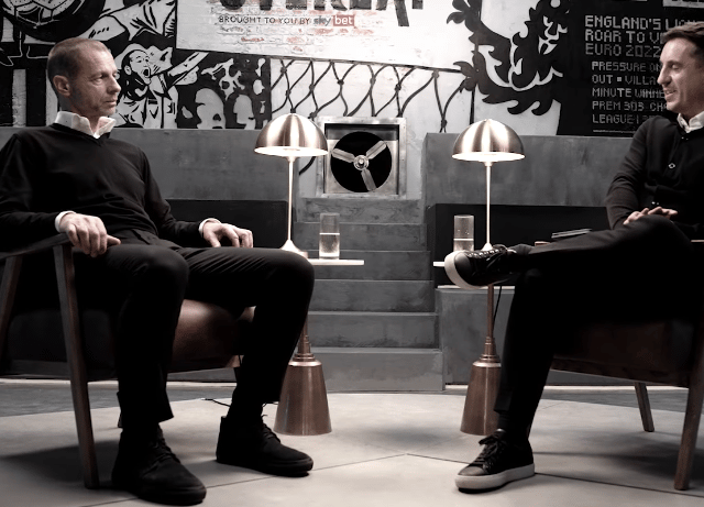 Aleksander Čeferin speaks with Gary Neville on The Overlap (Image: The Overlap / Sky)