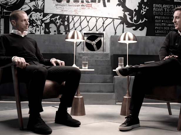 Aleksander Čeferin speaks with Gary Neville on The Overlap (Image: The Overlap / Sky)