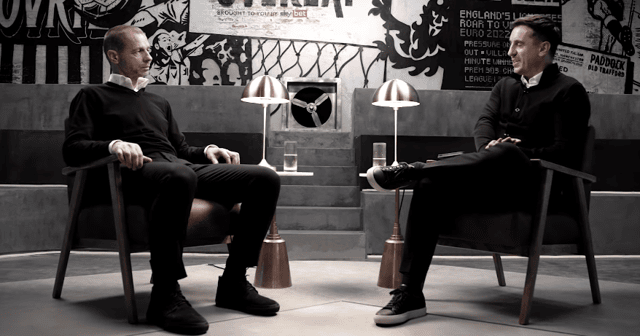 Aleksander Čeferin speaks with Gary Neville on The Overlap (Image: The Overlap / Sky)