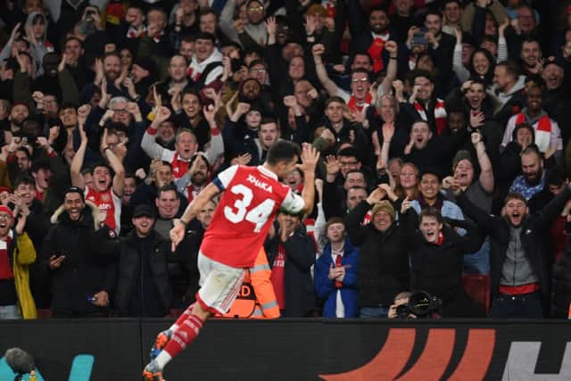 Arsenal fan celebrates Granit Xhaka’s goal during the UEFA Europa League round of 16 leg two match between Arsenal FC and Sporting CP at Emirates Stadium on March 16, 2023 in London, England. (Photo by Stuart MacFarlane/Arsenal FC via Getty Images)