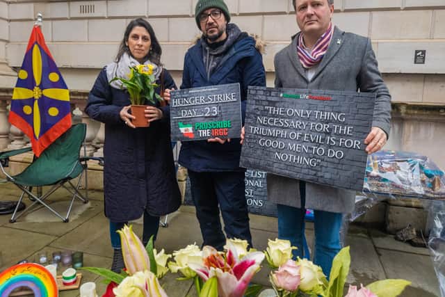 Nazanin Zaghari-Ratcliffe (left) and Richard Ratcliffe (right) visit Vahid Beheshti on Day 23 of his hunger strike. Credit: Twitter