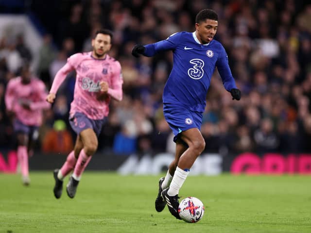 Wesley Fofana of Chelsea runs with the ball during the Premier League match   (Photo by Ryan Pierse/Getty Images)