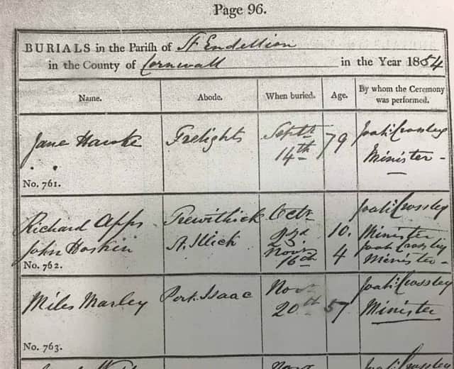 Miles Marley’s burial certificate showing he was buried at the St Endellion Church near Port Isaac, Cornwall. (Picture: SWNS)