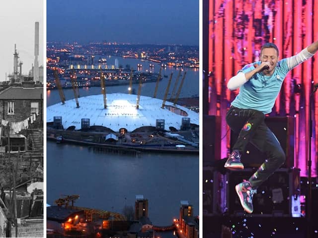 Greenwich Peninsula became home to the Millennium Dome and then the O2 Arena, which has hosted the likes of Coldplay. (Photo by Evening Standard/Hulton Archive/Martin Hayhow/AFP/Gareth Cattermole/Getty Images)