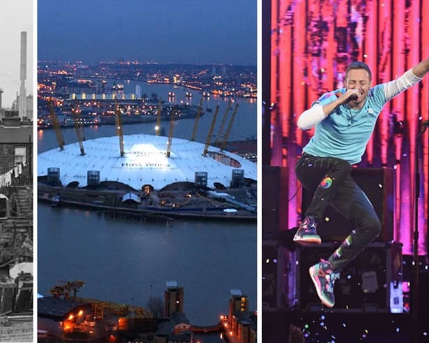 Greenwich Peninsula became home to the Millennium Dome and then the O2 Arena, which has hosted the likes of Coldplay. (Photo by Evening Standard/Hulton Archive/Martin Hayhow/AFP/Gareth Cattermole/Getty Images)