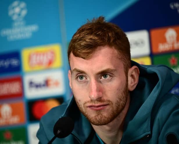 Dejan Kulusevski speaks during a press conference on February 13, 2023 at the San Siro (Photo by MARCO BERTORELLO/AFP via Getty Images)