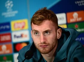 Dejan Kulusevski speaks during a press conference on February 13, 2023 at the San Siro (Photo by MARCO BERTORELLO/AFP via Getty Images)
