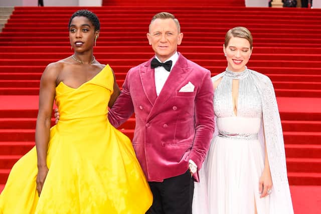 LONDON, ENGLAND - SEPTEMBER 28: (L-R) Lashana Lynch, Daniel Craig and Léa Seydoux attend the World Premiere of "NO TIME TO DIE" at the Royal Albert Hall on September 28, 2021 in London, England. (Photo by Jeff Spicer/Getty Images for EON Productions, Metro-Goldwyn-Mayer Studios, and Universal Pictures)
