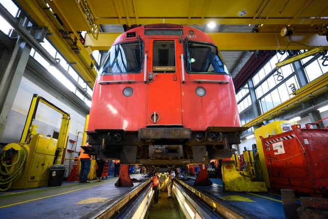 A Bakerloo line Underground train carriage is seen in the workshop at Stonebridge Park Depot. (Photo by Leon Neal/Getty Images)