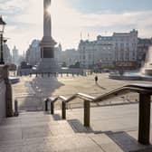 One of London’s most famous sites, Trafalgar Square here is almost empty, save for one person taking a photo in the plaza.