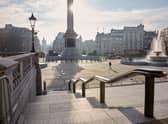 One of London’s most famous sites, Trafalgar Square here is almost empty, save for one person taking a photo in the plaza.