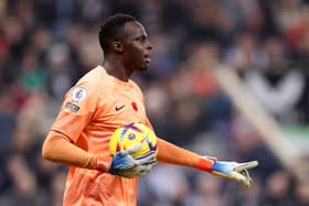 Edouard Mendy of Chelsea reacts during the Premier League match between Newcastle United and Chelsea (Photo by George Wood/Getty Images)