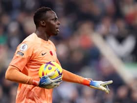 Edouard Mendy of Chelsea reacts during the Premier League match between Newcastle United and Chelsea (Photo by George Wood/Getty Images)
