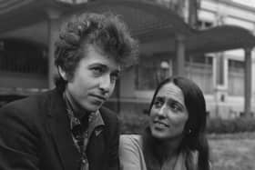 Bob Dylan with Joan Baez in Embankment Gardens, London, in 1965. (Photo by Keystone/Getty Images)