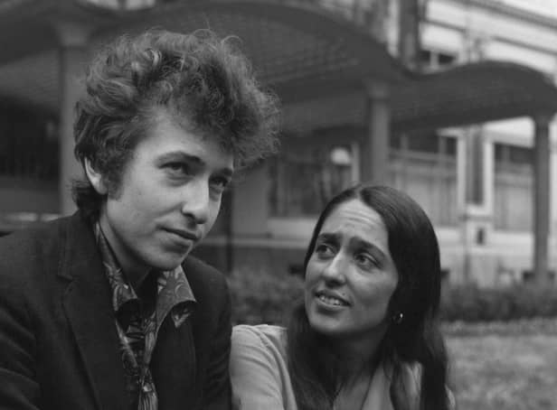 Bob Dylan with Joan Baez in Embankment Gardens, London, in 1965. (Photo by Keystone/Getty Images)