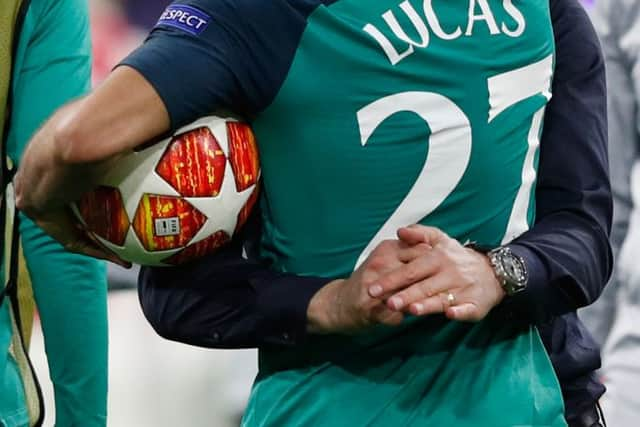 Pochettino celebrates Tottenham’s 2019 semi-final victory over Ajax with hat-trick hero Lucas Moura. (Photo by Adrian Dennis/AFP via Getty Images)