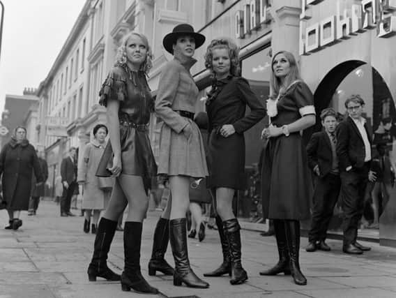 At the opening of a new boutique, Just Looking, on the King’s Road, Chelsea, models Vicky Wise, Jenny Skelton, Jane London and Diana Reeves show a choice of skirt lengths from the mini to the maxi. (Photo Mirrorpix/Omnibus)
