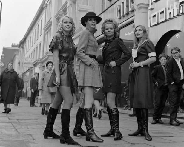 At the opening of a new boutique, Just Looking, on the King’s Road, Chelsea, models Vicky Wise, Jenny Skelton, Jane London and Diana Reeves show a choice of skirt lengths from the mini to the maxi. (Photo Mirrorpix/Omnibus)