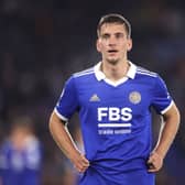 Dennis Praet of Leicester City during the Premier League match between Leicester City and Leeds  (Photo by Alex Pantling/Getty Images)
