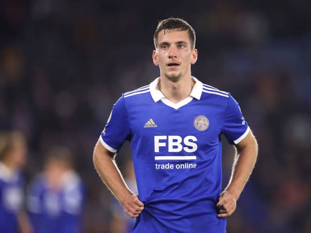 Dennis Praet of Leicester City during the Premier League match between Leicester City and Leeds  (Photo by Alex Pantling/Getty Images)