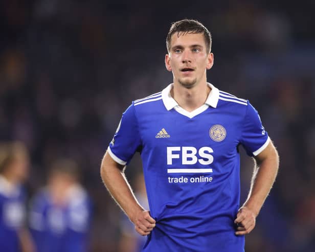 Dennis Praet of Leicester City during the Premier League match between Leicester City and Leeds  (Photo by Alex Pantling/Getty Images)