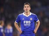 Dennis Praet of Leicester City during the Premier League match between Leicester City and Leeds  (Photo by Alex Pantling/Getty Images)