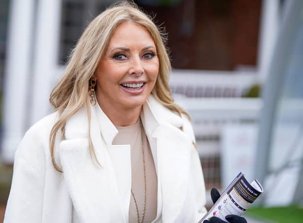 Carol Vorderman attends the races at Sandown Park Racecourse on March 07, 2023 in Esher, England. (Photo by Alan Crowhurst/Getty Images)