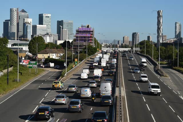 Traffic queuing on the approach to the Blackwall Tunnel.
