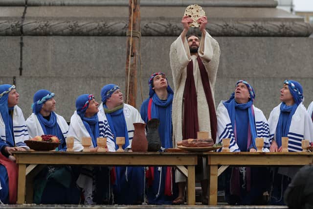 Wintershall’s performance of the crucifixion in Trafalgar Square pulls in thousands of people. Credit: Daniel Leal: AFP via Getty Images.